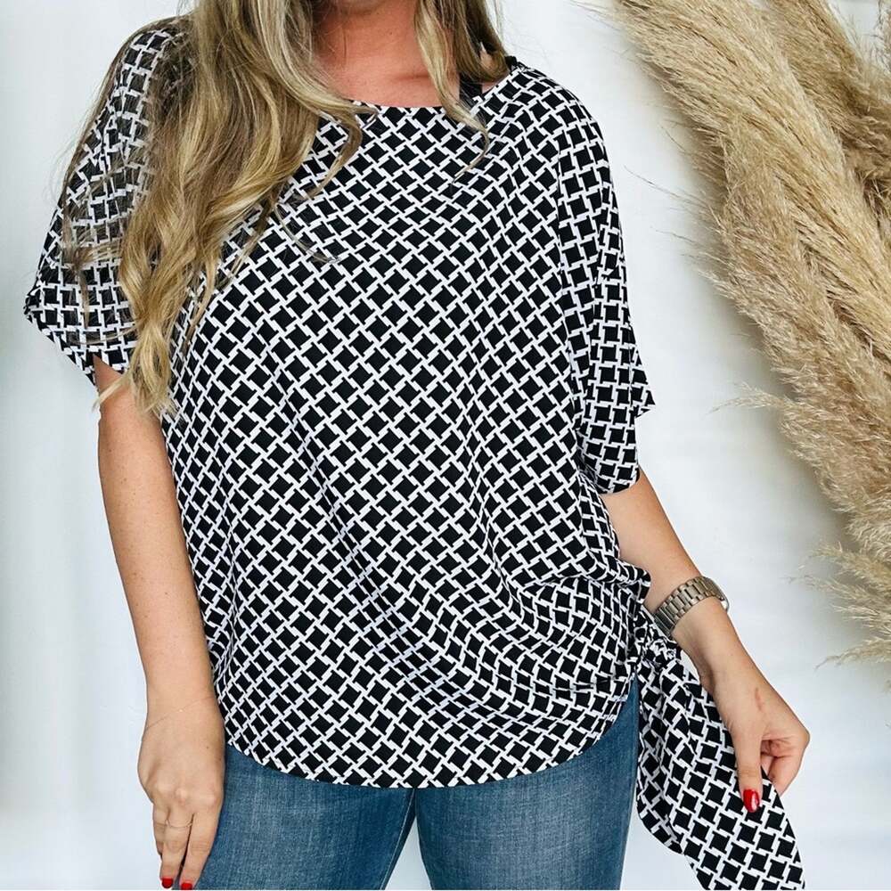 MICHAEL KORS Black White Print Side Tie Short Sleeve Tunic Blouse Top Shirt 1X